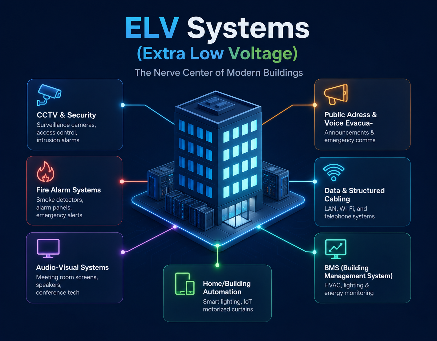 Infographic: ELV systems as the nerve center of modern buildings — CCTV & security, fire alarm, public address, data & structured cabling, audio-visual, building automation and BMS